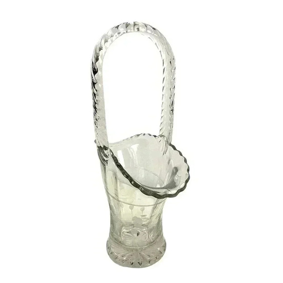 VTG Pressed Clear Etched Floral Glass Basket Vase 9.75" Tall MCM Home Decor - Picture 2 of 16